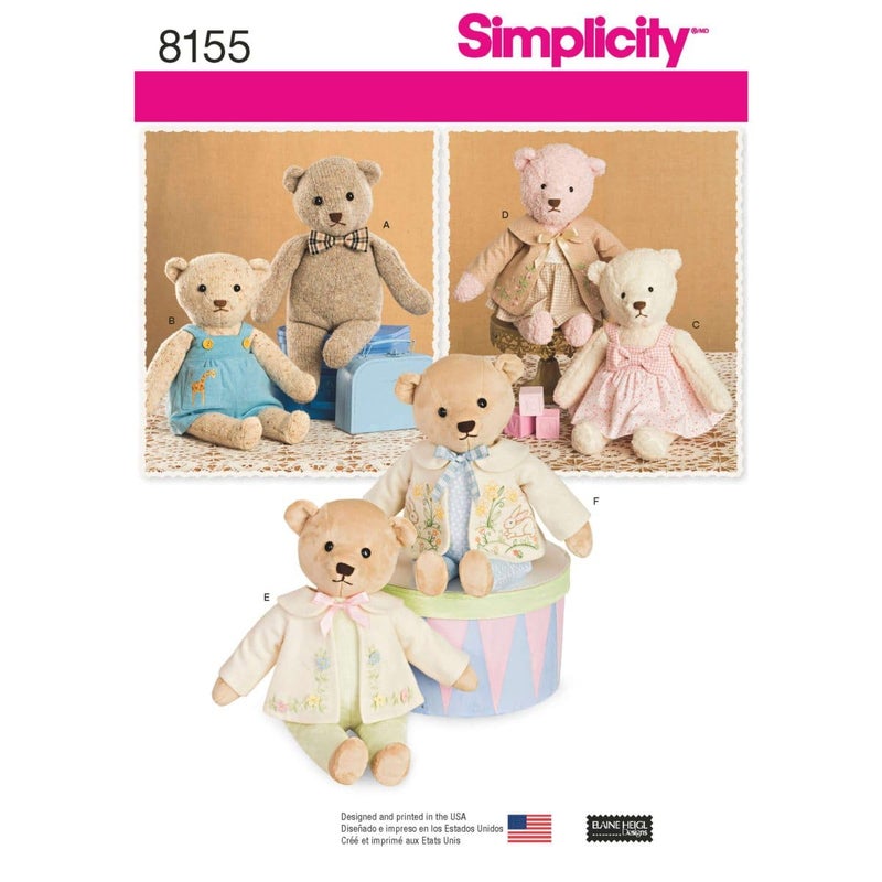 Simplicity 8155 Make Your Own Teddy Bear with Accessories and Clothes Sewing Pattern 6 Pieces