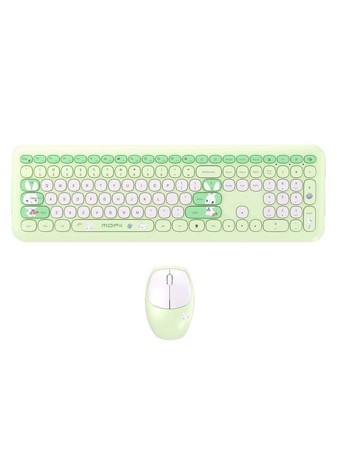 Mofii 666 Keyboard Mouse Combo Wireless 2.4G Mixed Color 110 Key Keyboard Mouse Set with Round Punk Keycaps for Girl Green Color