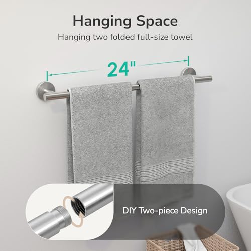 USHOWER Brushed Nickel Towel Bar, 24-Inch Towel Rack for Bathroom Wall Mounted, Thicken SUS304 Stainless Steel Towel Rod Modern Home Decor (Total Length 26-Inch) - Image 3