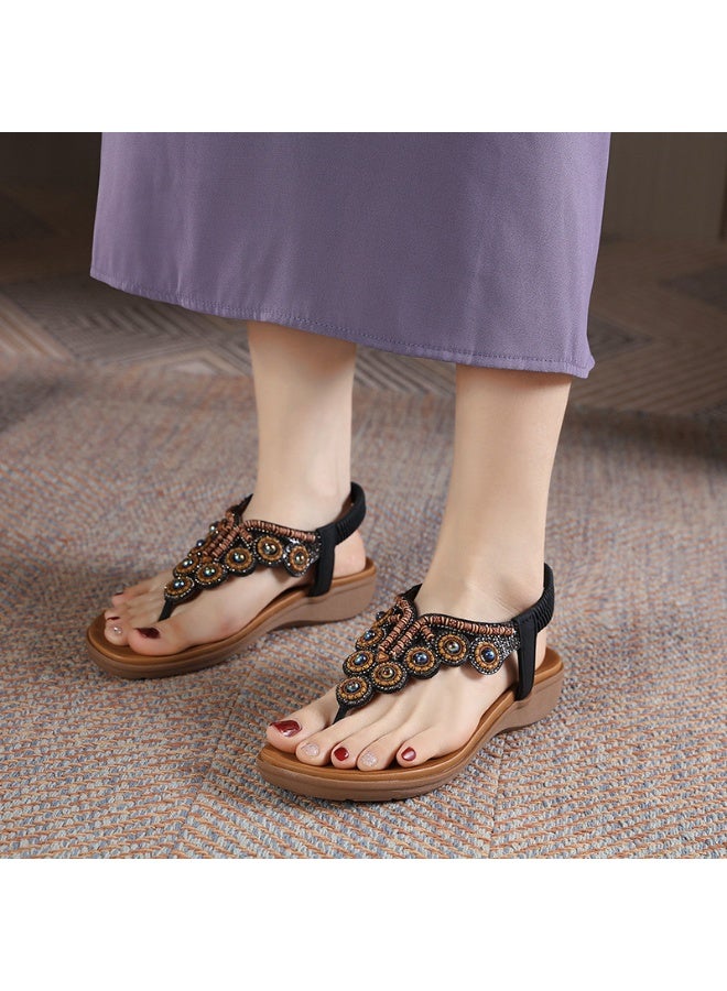 NIBEMINENT Summer  Boho Style Clip-On Beaded Rhinestone Buckle With Elastic Heel Rubber Strap Women's Shoes Casual And Comfortable  - Image 2