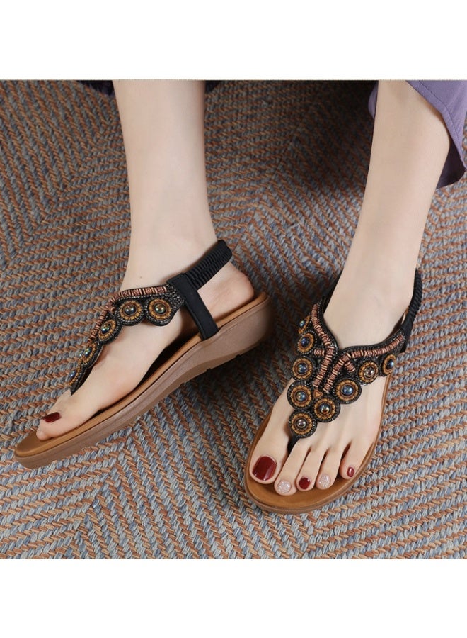 NIBEMINENT Summer  Boho Style Clip-On Beaded Rhinestone Buckle With Elastic Heel Rubber Strap Women's Shoes Casual And Comfortable  - Image 3