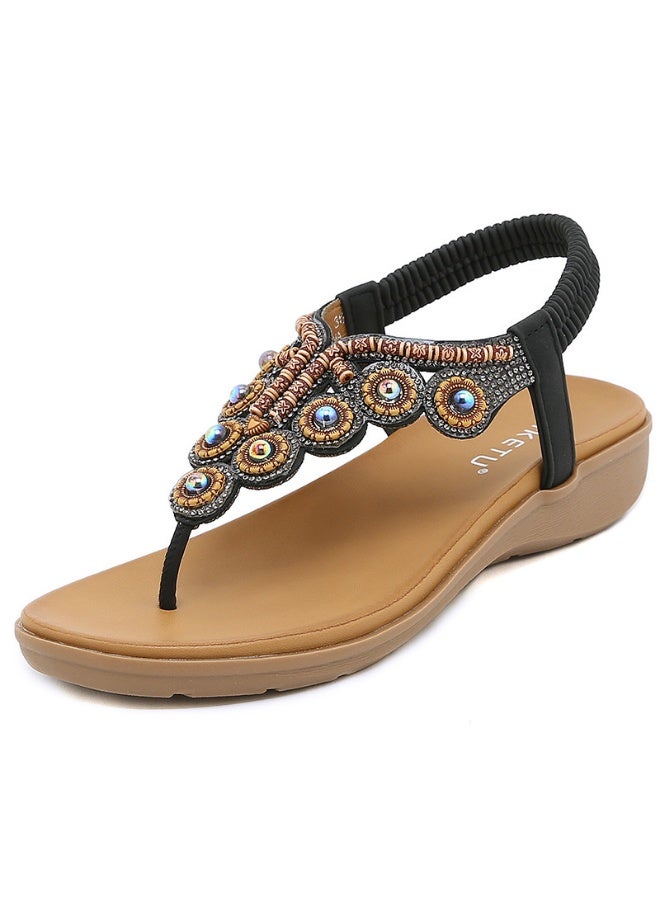 NIBEMINENT Summer  Boho Style Clip-On Beaded Rhinestone Buckle With Elastic Heel Rubber Strap Women's Shoes Casual And Comfortable  - Image 1