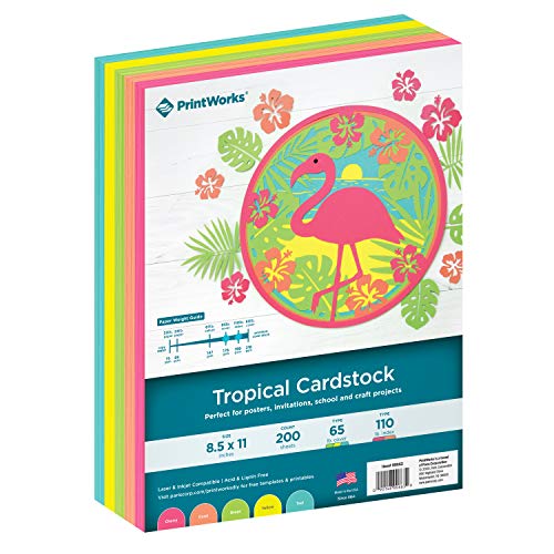 PrintWorks Tropical Cardstock 8.5" x 11" - 200 Sheets - 5 Assorted Fluorescent Colors - Ideal for School & Craft Projects - 65 lb/176 gsm & 110 lb/199 gsm - Made in the USA (00663) - Image 1