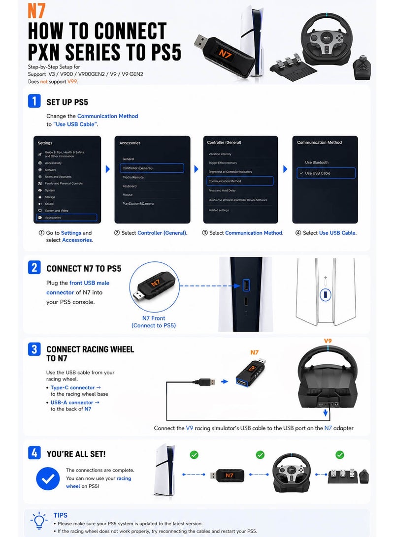 بي اكس ان محول عجلة السباق PXN N7 مستقبل لاسلكي USB بلوتوث لجهاز PS5 من V9 / V9 الجيل 2 / V99 عجلة القيادة - Image 4