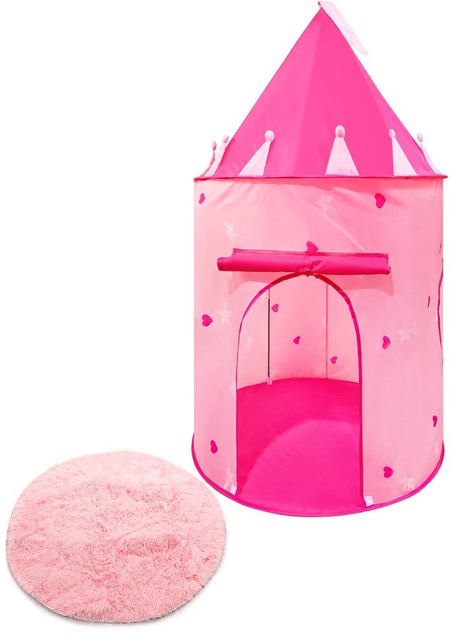 Woanger Princess Castle Play Tent Round Shaggy Area Rug Set Room Decor 39 x 39 Inch Circle Fluffy Plush Cute Rugs for Bedroom Foldable Tent for Kids Girls Indoor Outdoor Pet Living Room (Heart Style) - Image 1