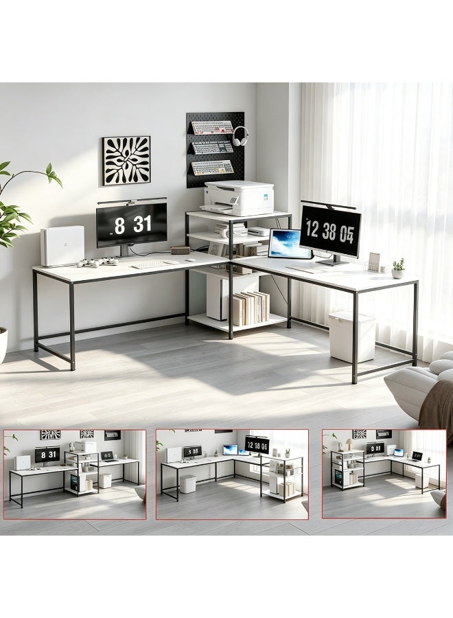 L Shaped Computer Desk with Printer Stand, Reversible Corner Desk with Storage Shelves, 2 Person Gaming Table, Large Writing Study Table for Home Office - Image 3