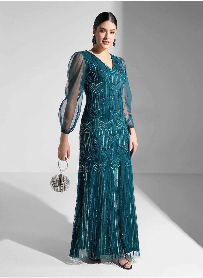 Amelia Rose Embellished Long Sleeves Maxi Dress  - Image 1