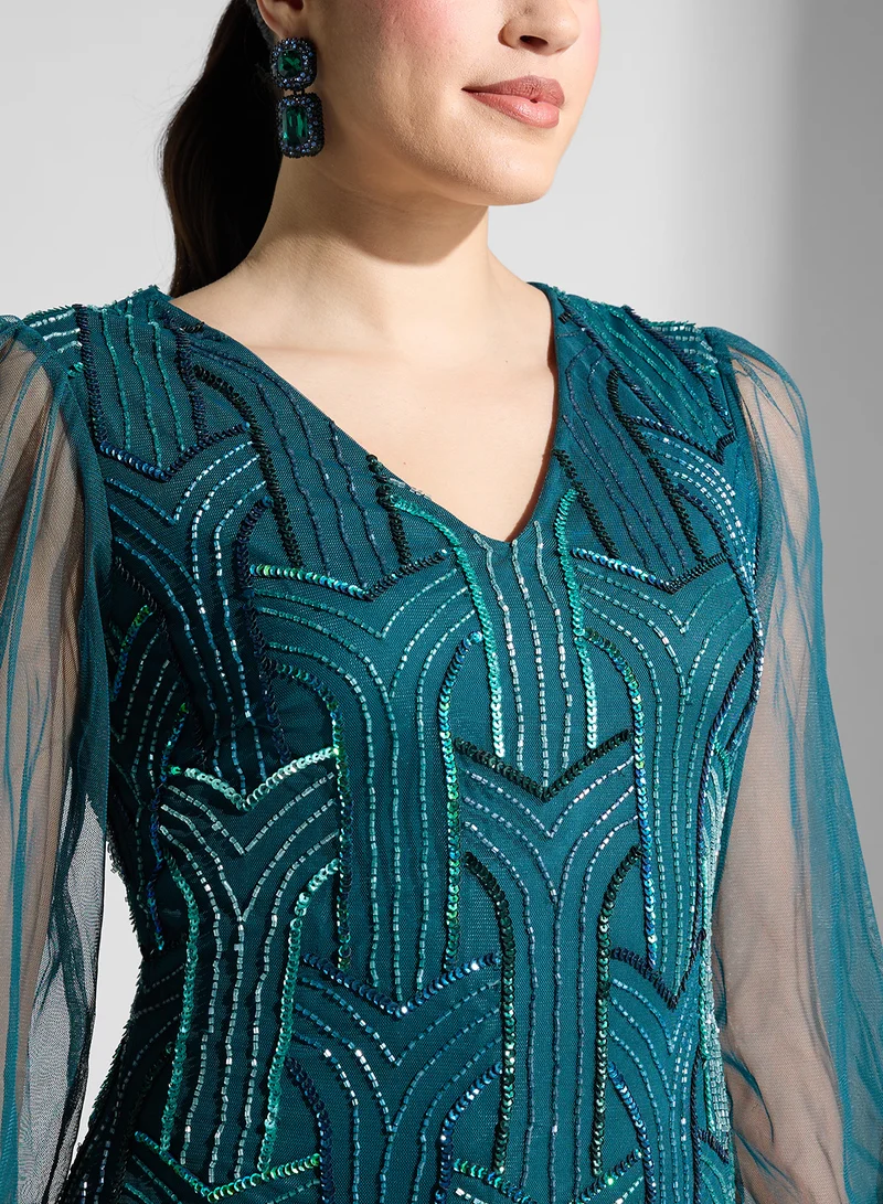 اميليا روز Embellished Long Sleeves Maxi Dress