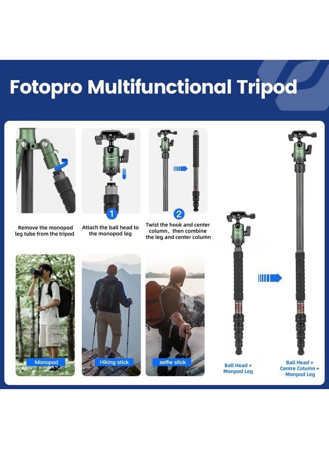 Fotopro 59" Carbon Fiber Travel Tripod, Compact Camera Tripod with Metal Ball Head, Detachable Monopod with Quick Release Plate and Bag, Load up to 8KG/17.63lbs - Image 3