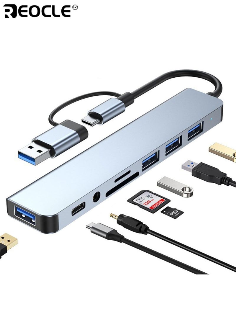 REOCLE 7-in-1 USB Hub with Audio Jack Multi-Port Adapter for High-Speed Document Transfer Compatible with Tablets Expansion with Type-C USB-A Connectors - Image 1