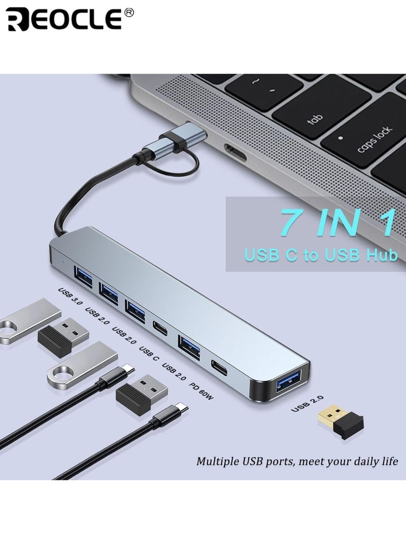 REOCLE 7-in-1 USB Hub with Audio Jack Multi-Port Adapter for High-Speed Document Transfer Compatible with Tablets Expansion with Type-C USB-A Connectors - Image 2