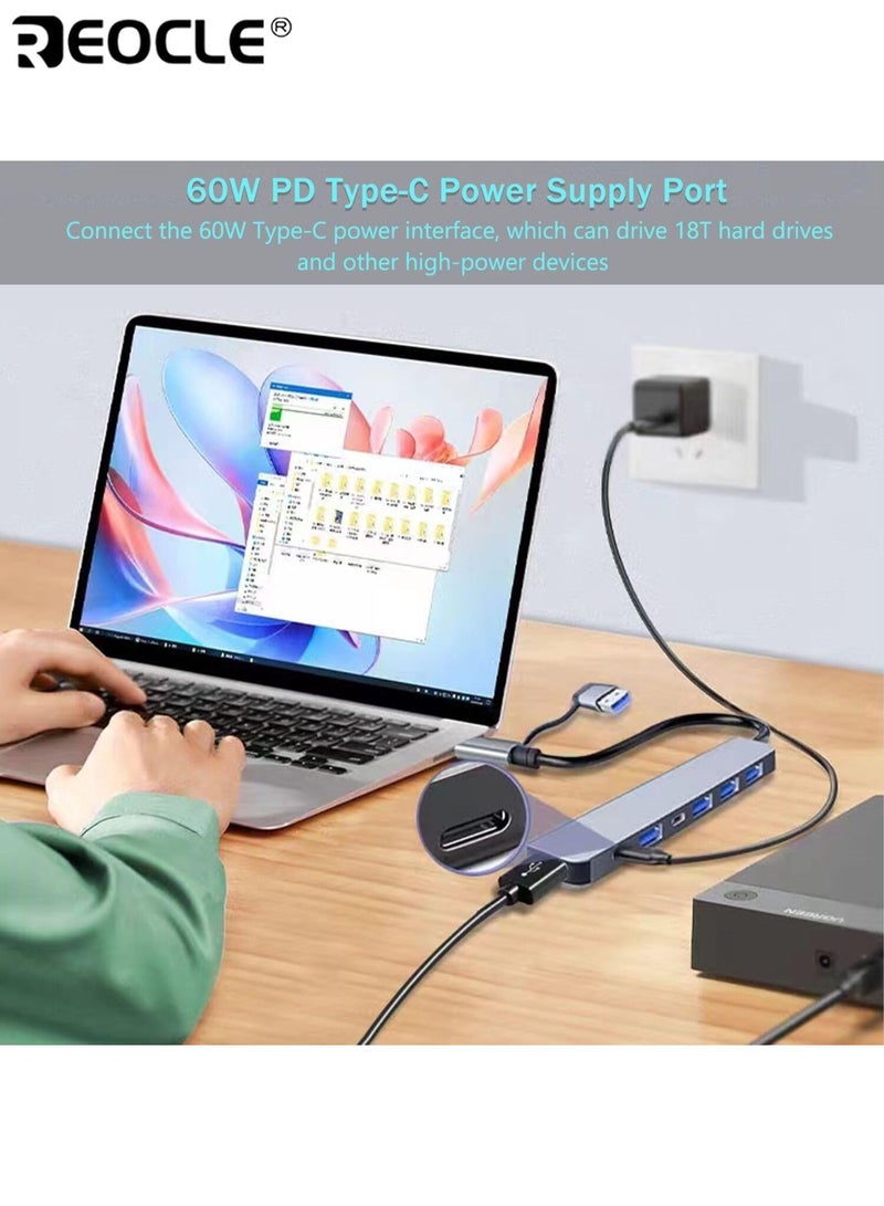 REOCLE 7-in-1 USB Hub with Audio Jack Multi-Port Adapter for High-Speed Document Transfer Compatible with Tablets Expansion with Type-C USB-A Connectors - Image 4