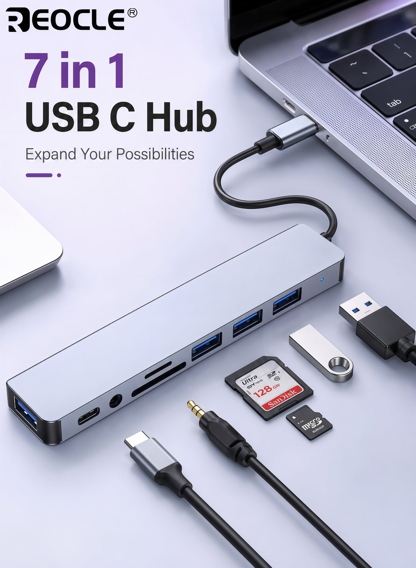 7-in-1 USB Hub with Audio Jack Multi-Port Adapter for High-Speed Document Transfer Compatible with Tablets Expansion with Type-C USB-A Connectors