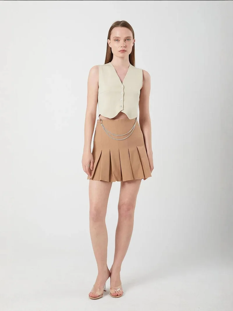 MixRay Stone Natural High Waist Pleated Mini Skirt with Chain Detail for Women | Best Price UAE