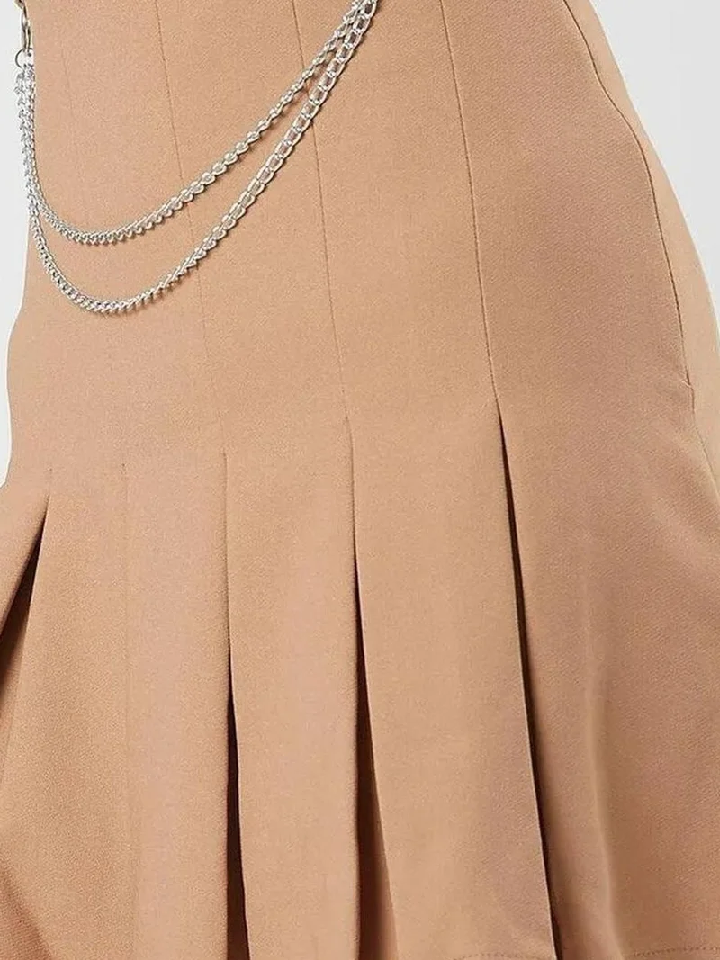 Mixray Stone Natural High Waist Pleated Mini Skirt with Chain Detail for Women | Best Price UAE