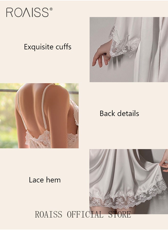 2-Piece Set of Women Pajamas with V-Neck Design Women Home Wear Set Same Color Outer Robe and Lace Element Nightgown