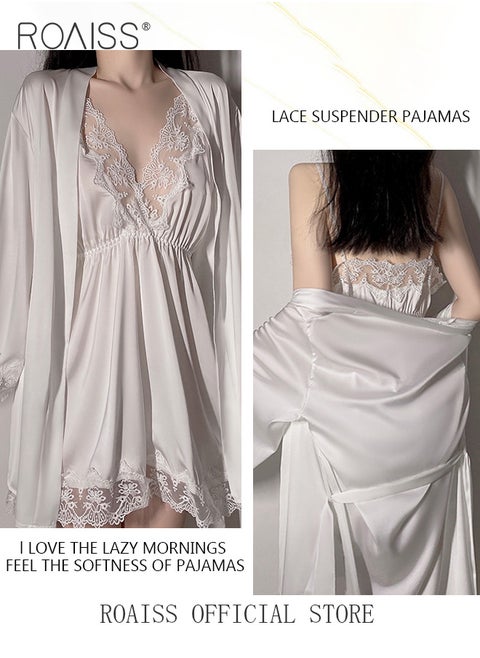 2-Piece Set of Women Pajamas with V-Neck Design Women Home Wear Set Same Color Outer Robe and Lace Element Nightgown