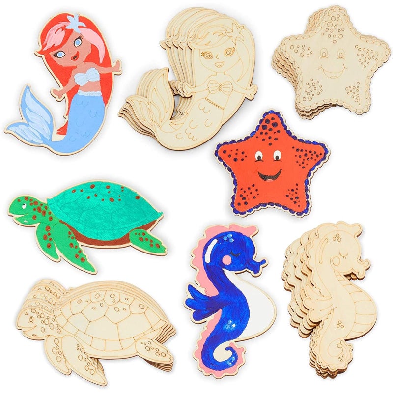Bright Creations 24 Pieces Unfinished Sea Creatures Wood Cutouts for Ocean Party Decorations Wooden Ocean Animals Turtle Seahorse Starfish Mermaid  Wood Animal Cutouts