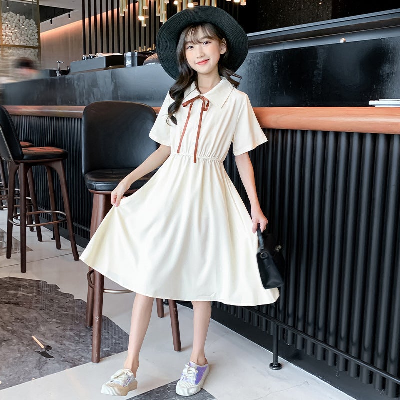 Childrens Skirt Summer New Short-sleeved Lapel Shirt Skirt Internet Popular Childrens Wear Academy Style Waist Tight Princess Dress Beige