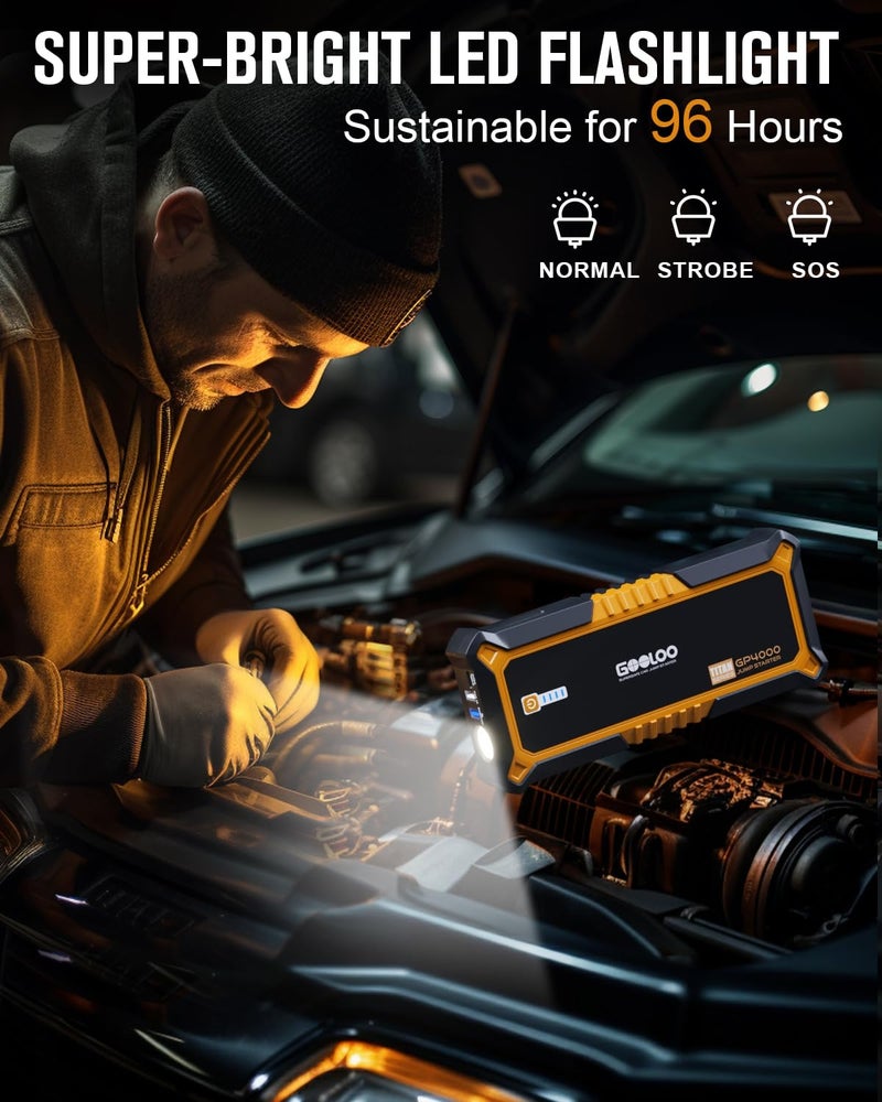 GOOLOO 4000A Peak Car Jump Starter 12V Auto Battery Booster SuperSafe Lithium Jump Box for All Gas, Up to 10.0L Diesel Engine, Portable Power Pack with USB Quick Charge and Type C Port, Orange - Image 4