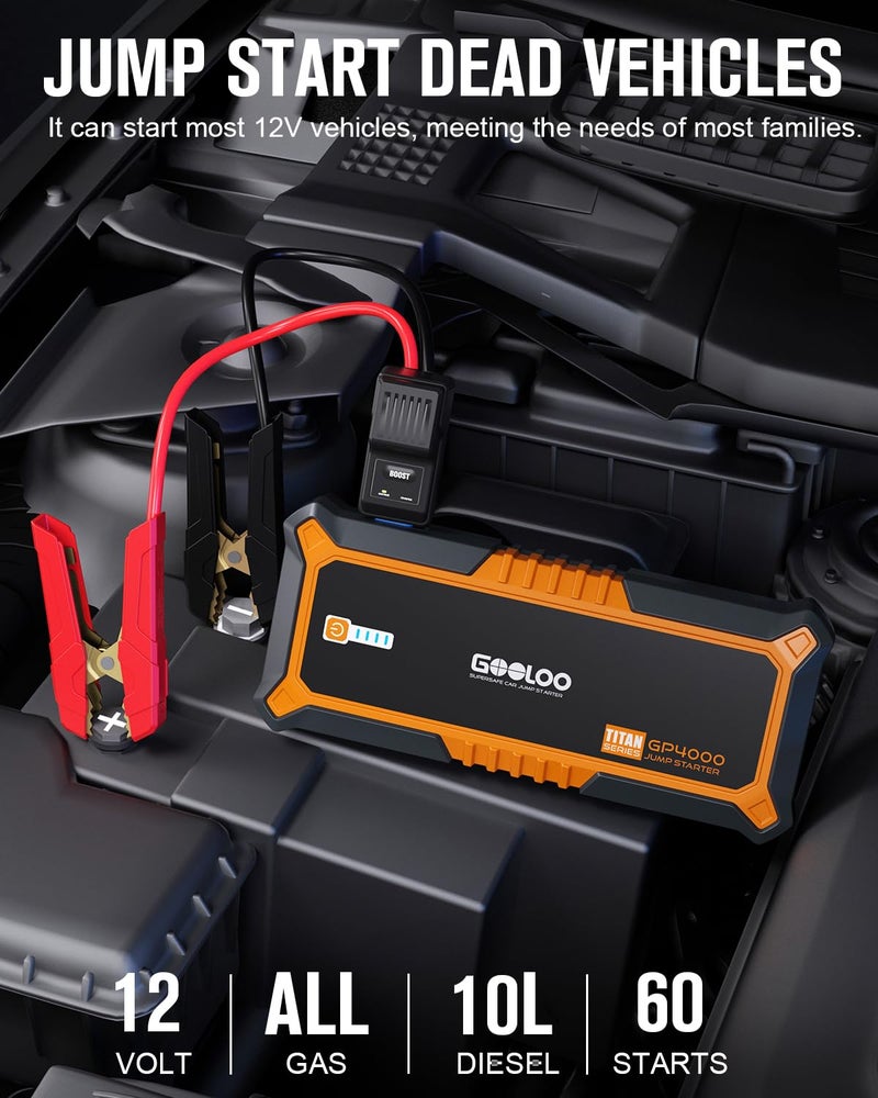 GOOLOO 4000A Peak Car Jump Starter 12V Auto Battery Booster SuperSafe Lithium Jump Box for All Gas, Up to 10.0L Diesel Engine, Portable Power Pack with USB Quick Charge and Type C Port, Orange - Image 2