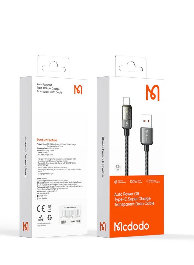 Mcdodo Fast Charging cable CA-315 , USB to Type-C Cable  100W , Auto Shut Off Protection , Premium Design with Transparent Zinc Alloy Body and Nylon Braided Wire , Smart, Safe, and Stable Charging with LED Indicator m 1.2m Length for Robust Daily Use - Image 2