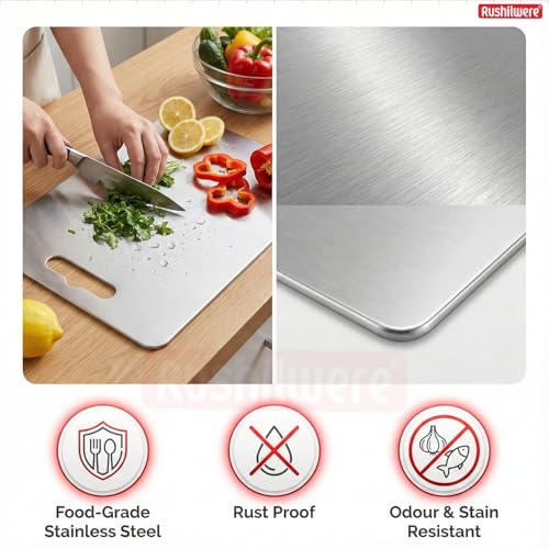 RUSHIL WERE Rectangle 304 Stainless Steel Chopping Board for Kitchen | Cutting Board for Kitchen | for Cutting Vegetables, Meat,Fish,Fruits | Large | 31 x 21 cm - Image 5