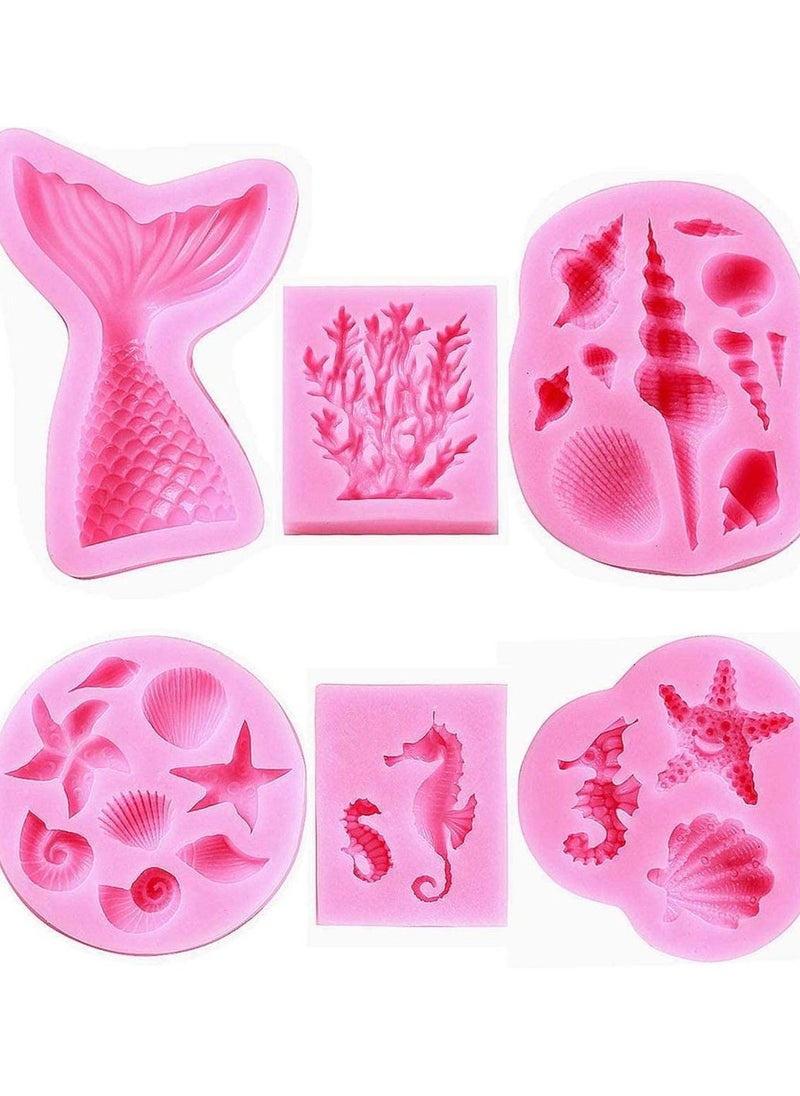 6 Pcs Marine Theme Fondant Silicone Mold Seashell Sea Life Chocolate/Fondant/Candy Baking For Cake Decor DIY Handmade Tools for Mermaid Decoration  - Image 1