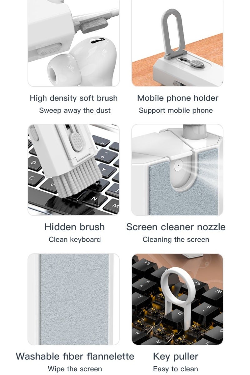 مجموعة تنظيف لوحة المفاتيح 8 في 1، مجموعة تنظيف الأجهزة الإلكترونية المحمولة، مجموعة تنظيف سماعات الأذن لسماعات AirPods مع فرشاة، أدوات تنظيف متعددة الاستخدامات لأجهزة الكمبيوتر المحمولة، والحواسيب الشخصية، ولوحات المفاتيح، وسماعات الأذن، والهواتف المحمولة. - Image 2