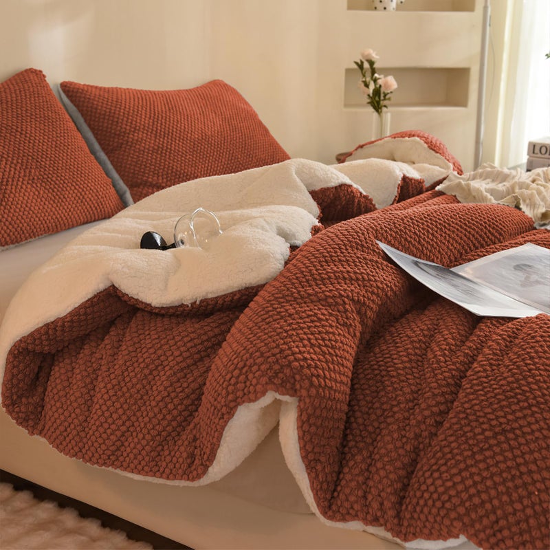 LLanCL 3D Jacquard Design Comforter Set UltraSoft Warm Queen Size Sherpa Fur Plush 3Pieces Sets Luxury Cozy Bedding with 2 Pillowcases 90x90 Burnt Orange