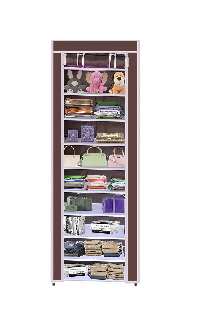 Whitecloud TRANSFORMING HOMES Whitecloud TRANSFORMING HOMES Collapsible Portable Foldable Wardrobe Storage Shelves Organizer for Clothes Racks Fabric Almirah Non Rustable Iron 10 Layer Brown Storage Unit  - Image 1