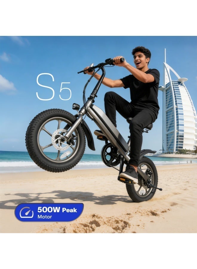 TFSMILEE Electric Bike, 16"x3" Fat Tire Folding Ebike for Adults, 500W Peak Motor with Pedal Assist, Adjustable Seat, 45 KM Range, Dual Disc Brakes, 36V Battery - Image 2