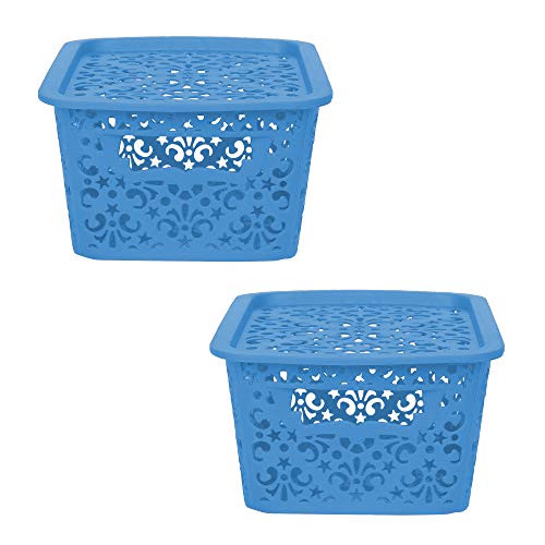 Cutting EDGE Plastic Storage Turkish Baskets with Lid Set of 2 Storing Fruit Vegetable Toys, Kitchen Bathroom Stationary Tools (Small, Blue) - Image 1
