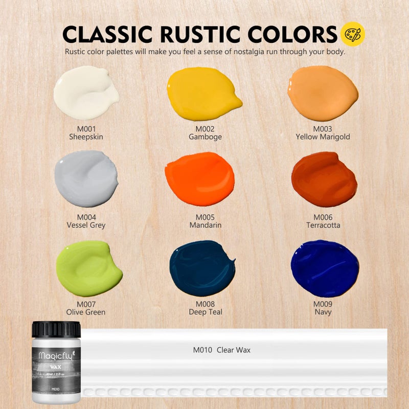 Magicfly 15 Pcs Chalk Furniture Paint Set, 9 Colors Ultra Matte Finish Acrylic Craft Paint Set (60 ml/2 oz) with Liquid Wax, 2 Brushes, 3 Sandpapers, Chalk Paint for Furniture, Crafts, Rustic Colors - Image 2