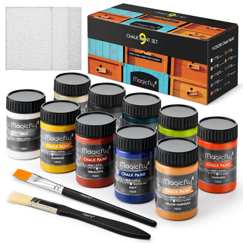 Magicfly 15 Pcs Chalk Furniture Paint Set, 9 Colors Ultra Matte Finish Acrylic Craft Paint Set (60 ml/2 oz) with Liquid Wax, 2 Brushes, 3 Sandpapers, Chalk Paint for Furniture, Crafts, Rustic Colors - Image 1