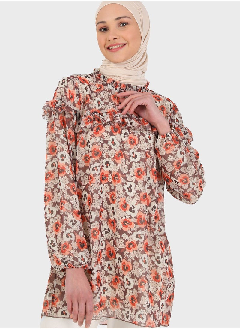 Benin by modanisa - High Neck Floral Printed Tunic - Image 1