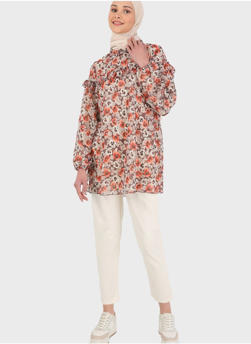 Benin by modanisa - High Neck Floral Printed Tunic - Image 1