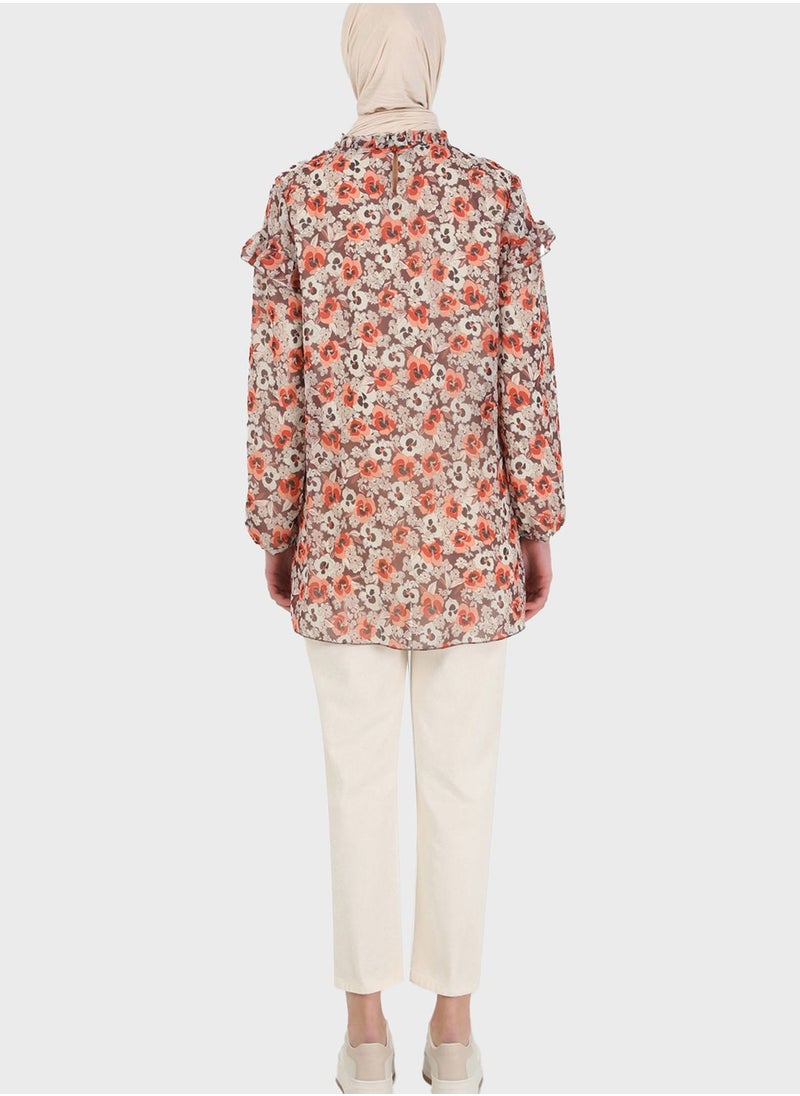 Benin by modanisa - High Neck Floral Printed Tunic - Image 1