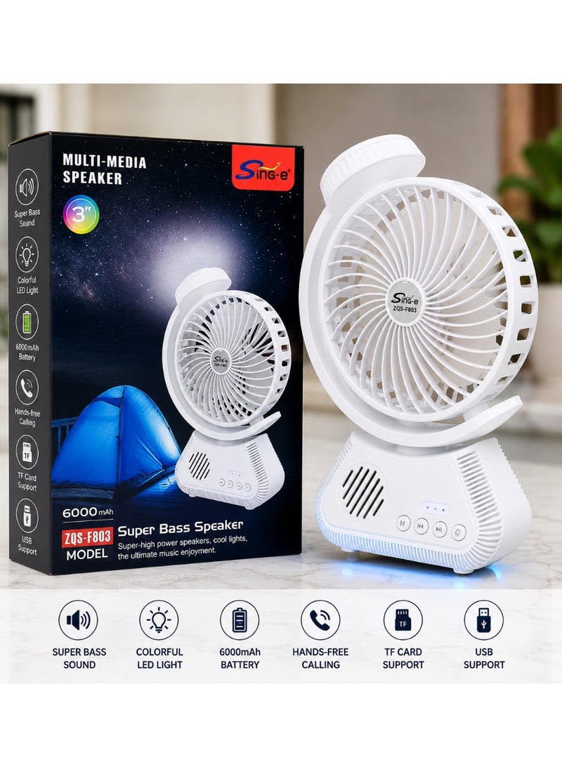 SING-E Portable Fan with Bluetooth Speaker & LED Light – 6000mAh Rechargeable Multi-Media Speaker Fan | TF Card, USB, Hands-Free Calling – Model ZQS-F803 - Image 1