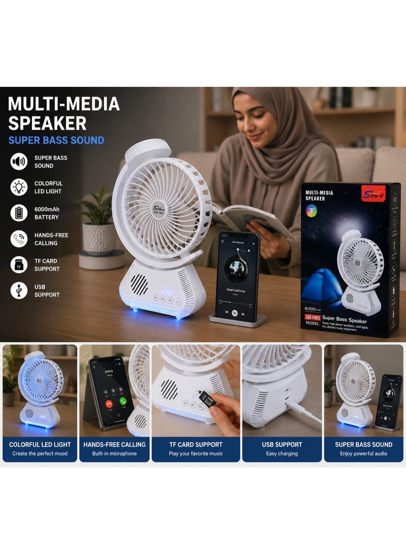 SING-E Portable Fan with Bluetooth Speaker & LED Light – 6000mAh Rechargeable Multi-Media Speaker Fan | TF Card, USB, Hands-Free Calling – Model ZQS-F803 - Image 2