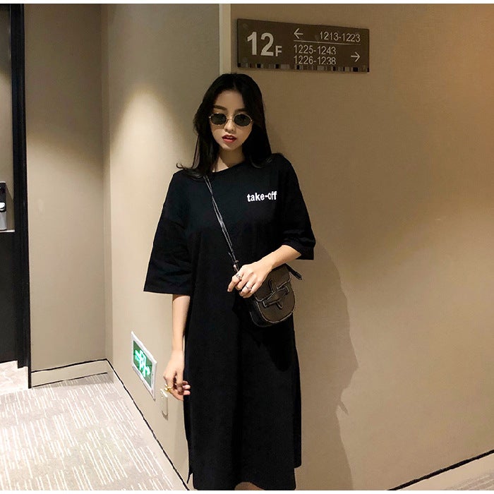 Summer ins Korean-style Sports-style Loose Casual Dress Belly-covering Large Size Womens Short-sleeved Long Over-the-knee T-shirt Dress Black - Image 1