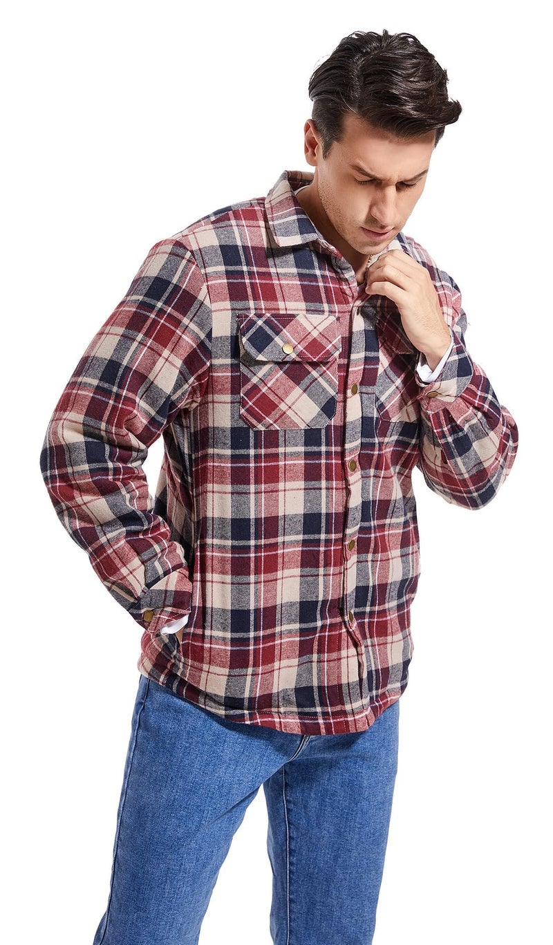 Puwasa Men's Sherpa Lined Cotton Flannel Shirt Jacket Plaid Button Up Jacket Coat for Men with Pocket Red X-Large - Image 4