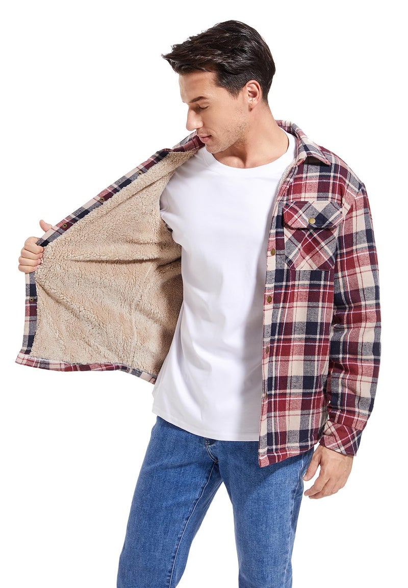 Puwasa Men's Sherpa Lined Cotton Flannel Shirt Jacket Plaid Button Up Jacket Coat for Men with Pocket Red X-Large - Image 3