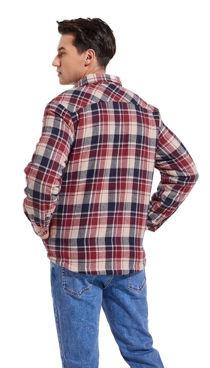 Puwasa Men's Sherpa Lined Cotton Flannel Shirt Jacket Plaid Button Up Jacket Coat for Men with Pocket Red X-Large - Image 5