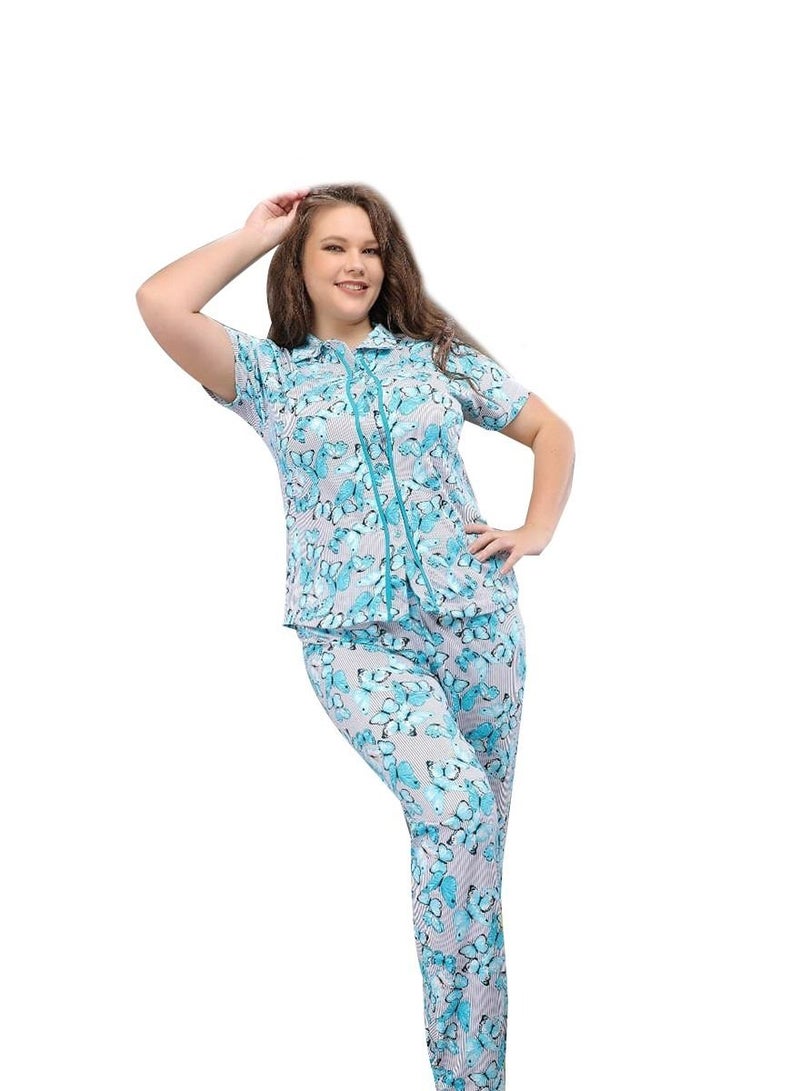 Ganna Women's short-sleeved pyjamas with buttons and summer long pants made of cotton large sizes 