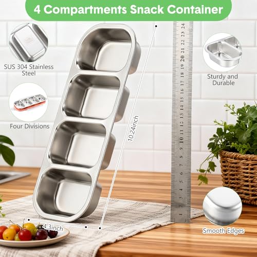 Teecyhooo 6 Pcs Stainless Steel Snack Containers with Leak Proof Lids, 4 Compartments Metal Bento Lunch Box, Reusable Stackable Divided Food Storage Containers for Meal Prep Daycare, Work - Image 2