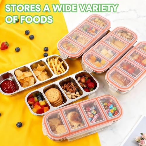Teecyhooo 6 Pcs Stainless Steel Snack Containers with Leak Proof Lids, 4 Compartments Metal Bento Lunch Box, Reusable Stackable Divided Food Storage Containers for Meal Prep Daycare, Work - Image 4