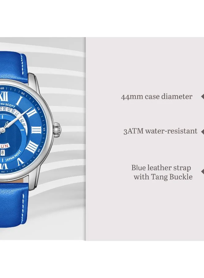 Kenneth Scott Blue Men's Leather  Analog Watch K24020-SLNN - 44 mm for Men | Best Price UAE
