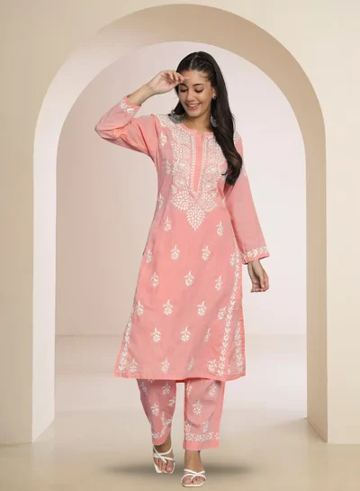Alaya Women Hand Embroidered Chikankari Cotton Kurta Set-AL3674KS