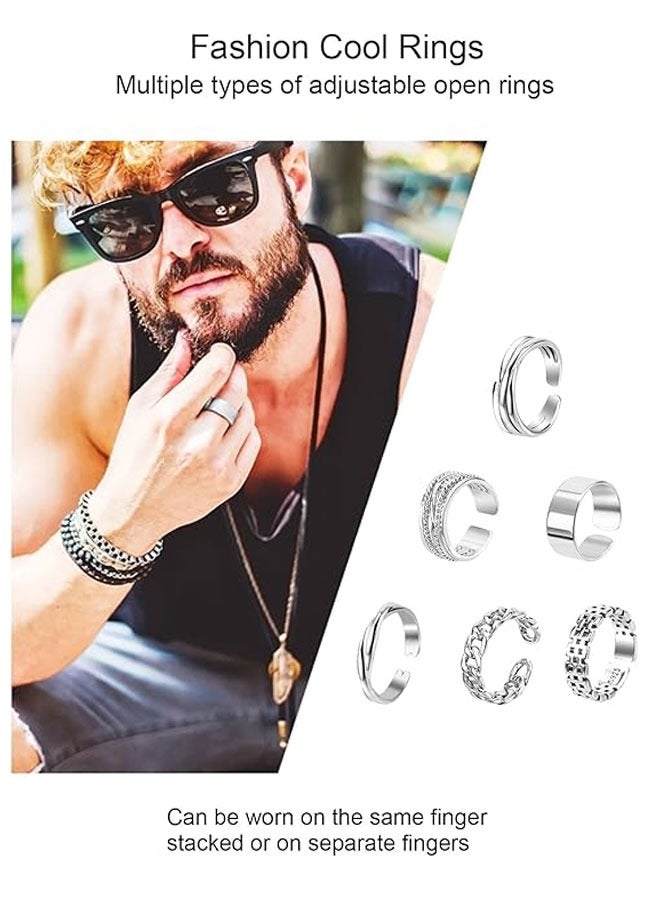 HAWAWA Open Adjustable Rings Set Unisex Stacking Ring Stackable Jewelry Gift Finger Rings for Women Men Girls Boys 6pcs Silver - Image 2